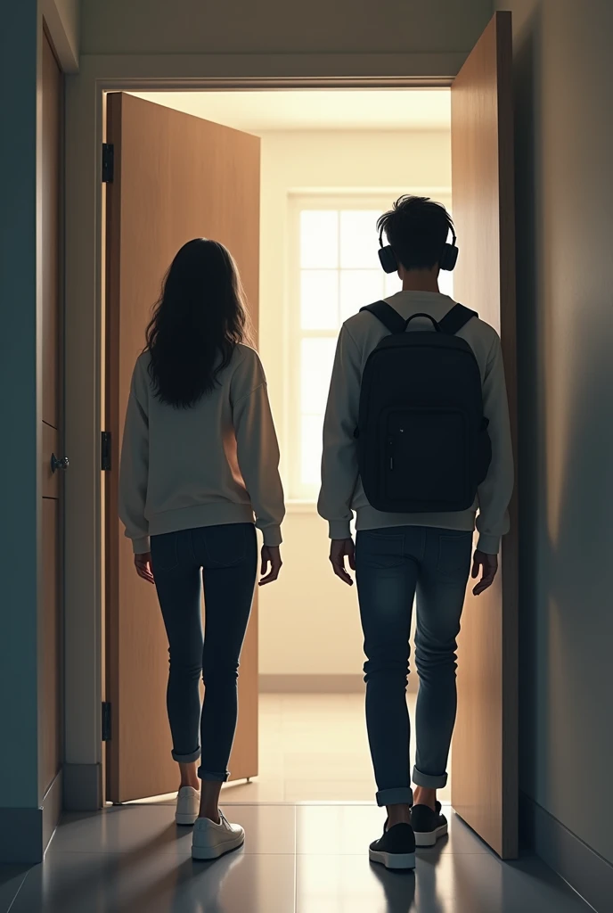 A hall way end in a house showing 2 doors on either side with a university hansome white boy with headphones and a university black haired brown girl on opposite sides entering the opposite rooms showing their back to each other