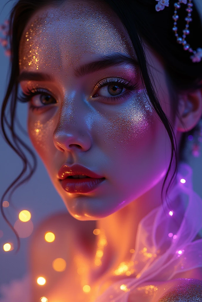 arafed woman with gold and glitter on her face, glowing magical shiny skin, glowing face, 8k artistic portrait photography, brandon woelfel, glowing with colored light, beautiful digital artwork, unreal engine : : rave makeup, beautiful fantasy portrait, fantasy portrait, cgsociety portrait, artem demura beeple, stunning digital illustration, glowing details, puple theme