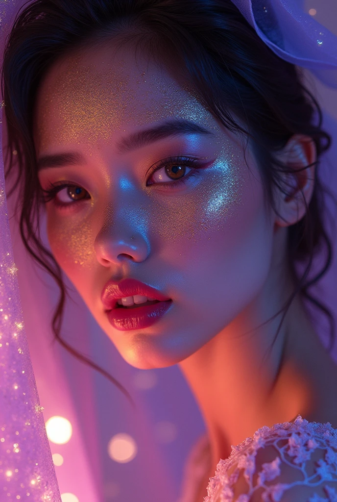 arafed woman with gold and glitter on her face, glowing magical shiny skin, glowing face, 8k artistic portrait photography, brandon woelfel, glowing with colored light, beautiful digital artwork, unreal engine : : rave makeup, beautiful fantasy portrait, fantasy portrait, cgsociety portrait, artem demura beeple, stunning digital illustration, glowing details, puple theme