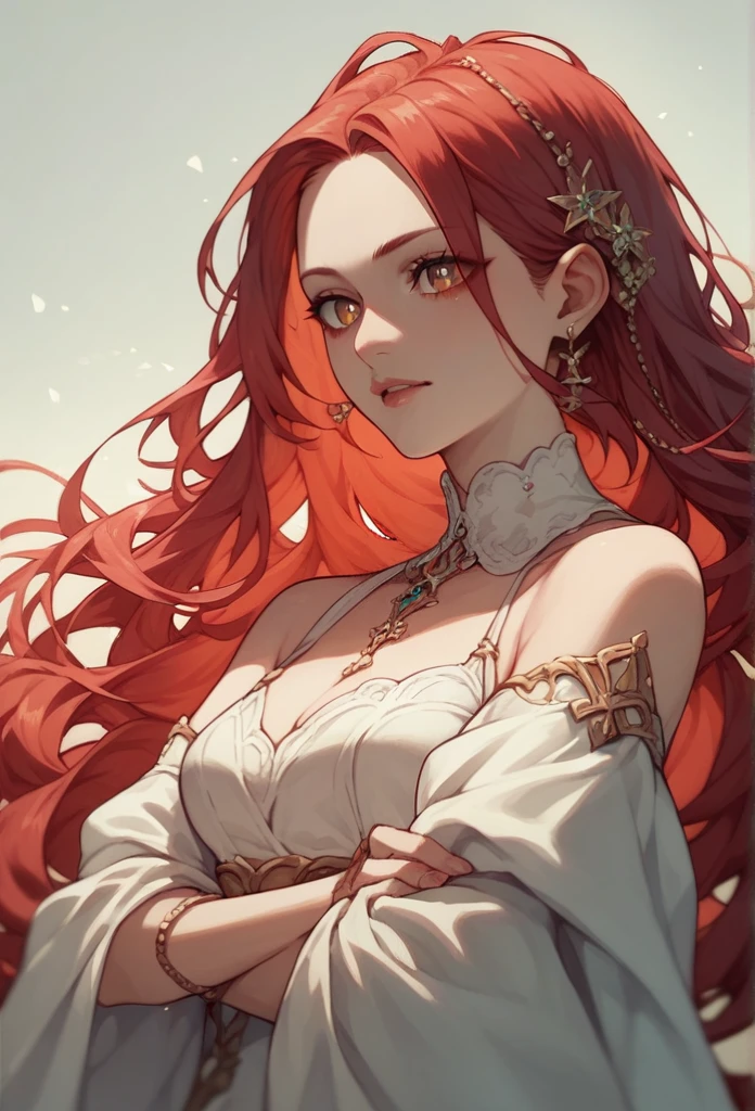 An anime woman in a long dress and red hair with an x for pupils