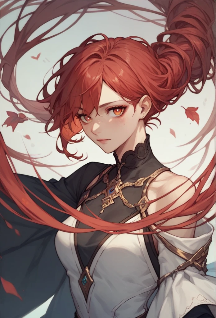 An anime woman in a long dress and red hair with an x for pupils