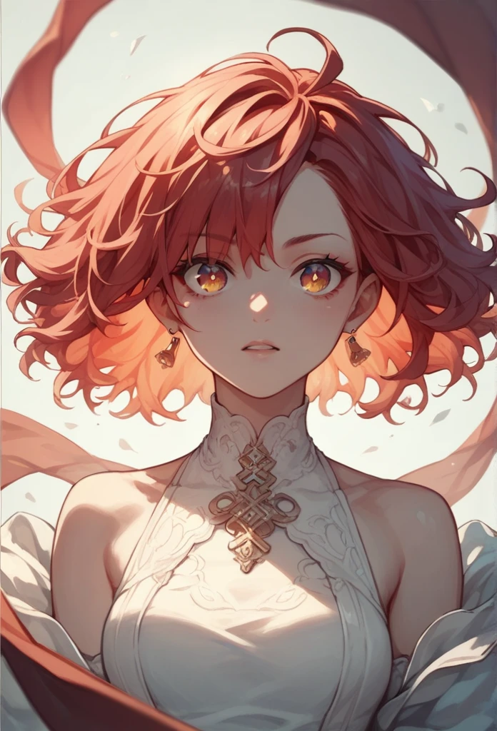 An anime woman in a long dress and red hair with an x for pupils