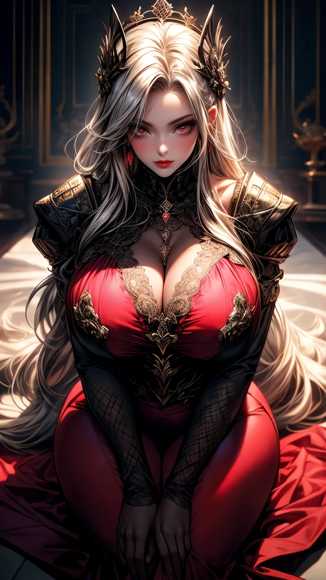 young intricate woman in royal palace, beautiful woman, long hair, two different colored hair ( red and white ), deep red eyes, white skinned, solo, not wearing a crown, big breast and big ass, dressed in black clothes, wide angle lens f/2.8, ultra insane high resolution intricate textures, texture indentation, perfect perspective, perfect geometry, ultra insane ambient lighting, ultra insane ambient shadows, wearing full pink colored clothes, sexy clothes, luminism, ultra detailed busy background, tessellation, maximalism, perfectionism, IPA Award wining masterpiece, curvy figured woman, seductive expression, seductive figure, full body.