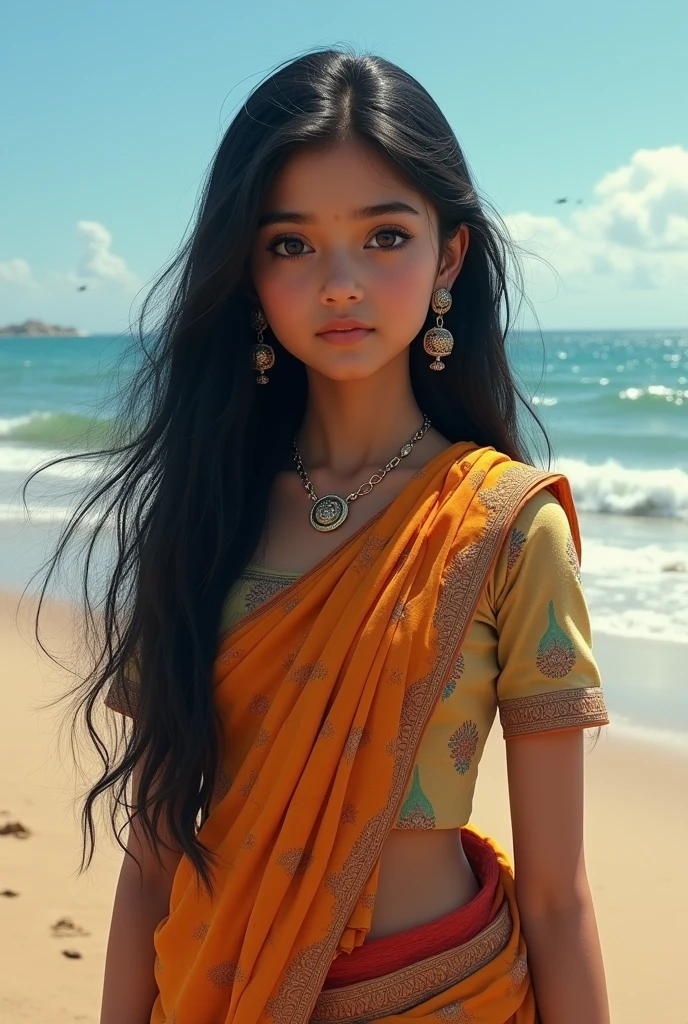 A Indian girl , white complexion with black hair and wearing indian suit standing in front of a beach , taking a realistic photo