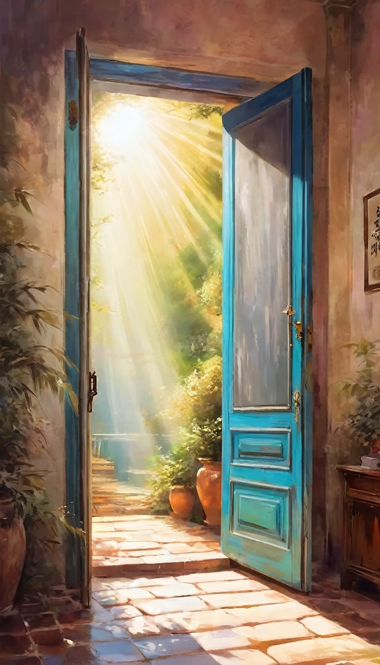 A dreamy space，There is a door to dreams，Light，Rays of Light，colorful，Art Style，Picturesque，Poster，朦胧的艺术Poster