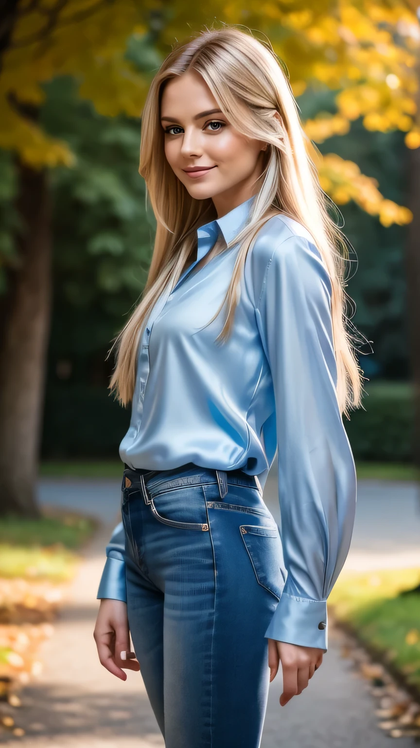 Realistic full body photo of a smiling, Young blonde woman with long hair, She dances in front of the camera in a long, blue silk shirt and tight jeans..., Park,glamour fotoshooting, Park, perfect anatomy, perfect blue eyes. Perfect hands with 5 fingers on each hand, Matching girl, looking at the camera, 1 Frau. (Eye make up:1.1), (highly detailed skin:1.1), spirit, analog style, keen focus, 8K  UHD, dslr, good quality, Fujifilm XT3, Grain, Award-winning, ​masterpiece. Park