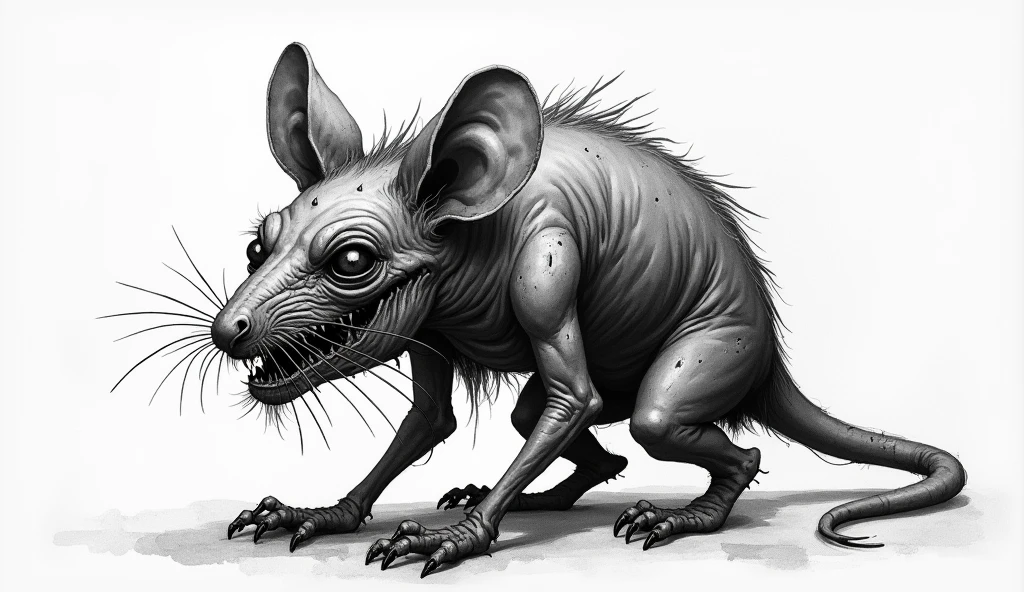 A black deformed rat with many eyes and large ears with the torn fur, rough sketch black and white watercolor paint.