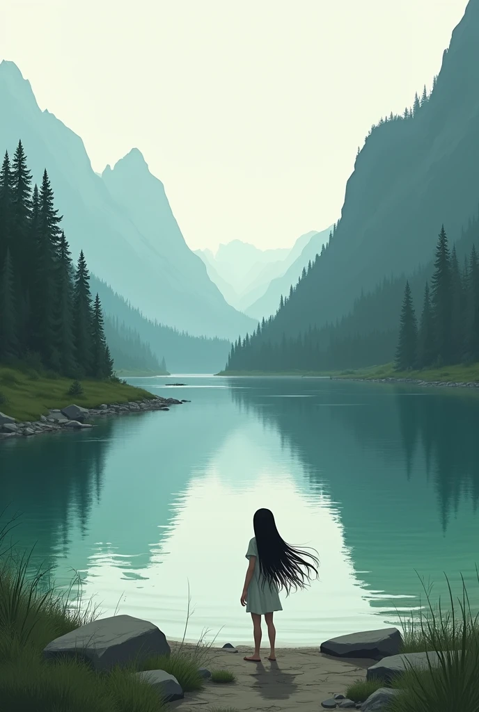 Towering snow-capped mountains, turquoise lake, (forest), naked woman bathing in the lake seen from the back and far away, flowers, trees, grass, bamboo, spring, sunny, strong sunlight, chiaroscuro, cliffs, panoramao, 8K, high quality