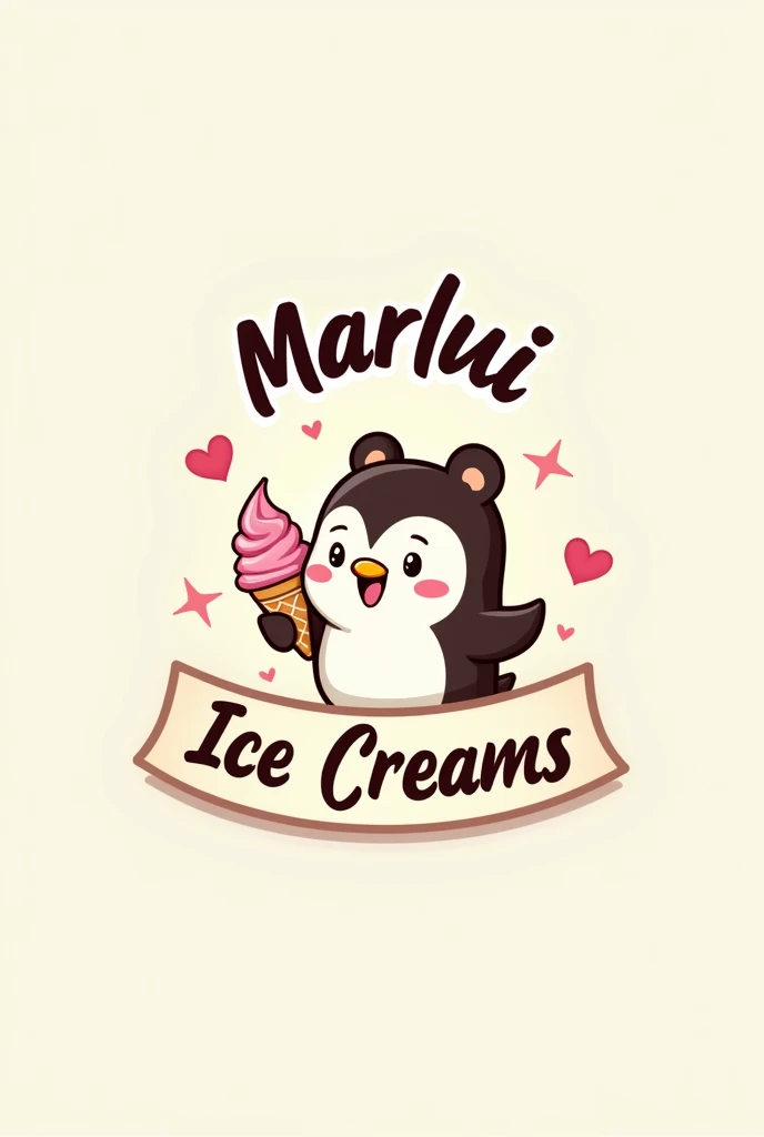 logo of a penguin or a bear eating ice cream with a sign that says "marlui ice creams"