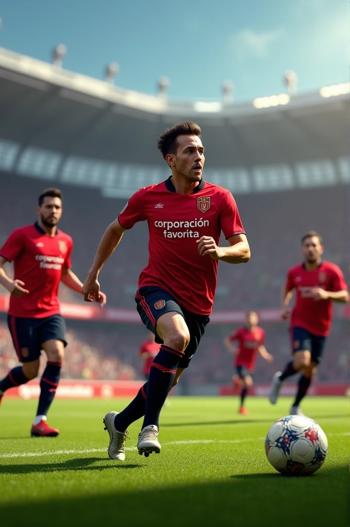 Football players with red shirts and black shorts with the phrase Corporación Favorita on the shirt