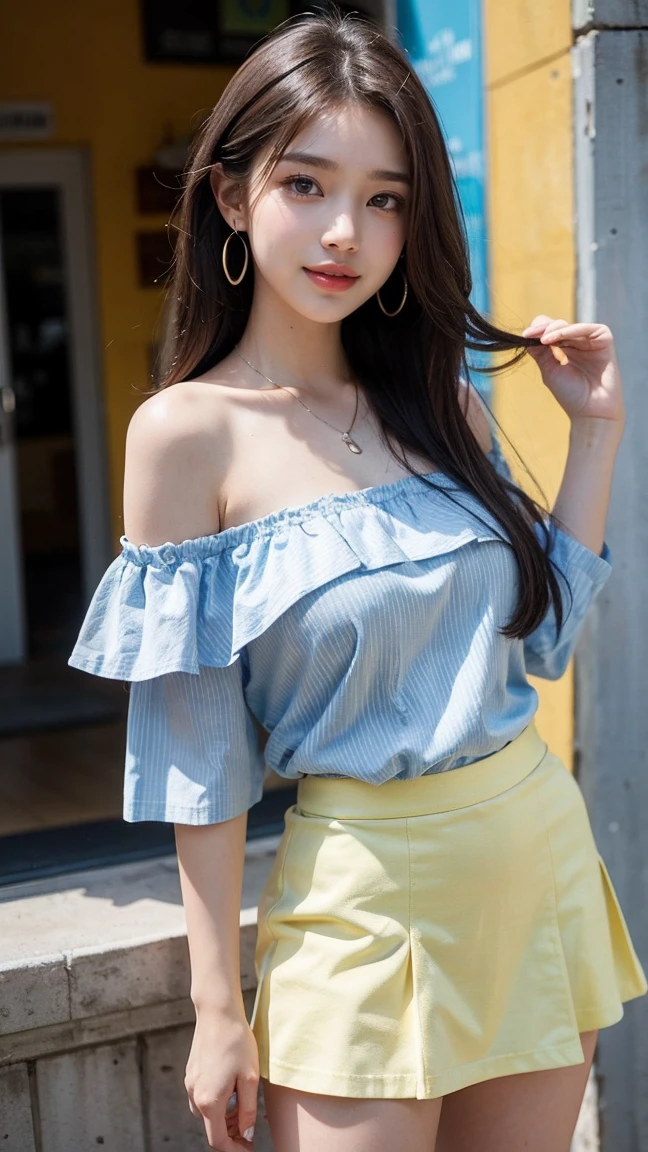 ((Take a photo with Kakaako's famous wall art in the background)), ((Standing and posing by the famous mural)), (masterpiece:1.3), light makeup, red lips, beautiful hair, Black hair, (Medium hair:1.3), elegant, soft lighting, Very fine details, masterworks, authentic texture, perfect work, (1 girl), (One Woman), 16k, high resolution, exquisite features, brown eyes, (Ultra-high resolution eye:1.1), Japanese idol, beautiful face, ((artists work)), (photorealism:1.2), (gentle smile like a goddess), attractive, well-shaped breasts, beautiful cleavage, shiny skin, smooth skin, BREAK, (Off-the-shoulder blue and white striped t-shirt:1.3),(Lime yellow Micro mini Tight flare skirt:1.3), earrings, necklace, BREAK, Full-body, walking position, (Walking through the weekend market), (Model pose with legs apart), BREAK, (Asking for a kiss:1.2), (lovely smile), shoot from below, (Close up:1.2), Leaning against a wall