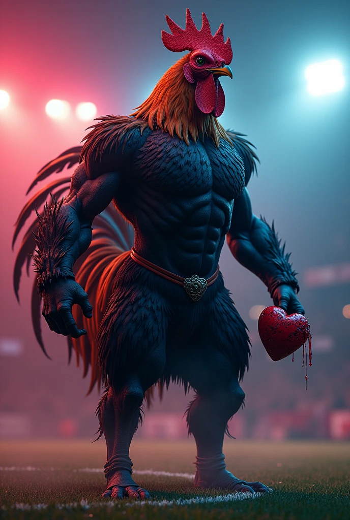 an avenging rooster, strong and imposing in a human body with black and brown feathers with pulsing veins, he will be on a football field that will be lit in neon in the background. In his hands the rooster will be holding a real heart with blood flowing out.