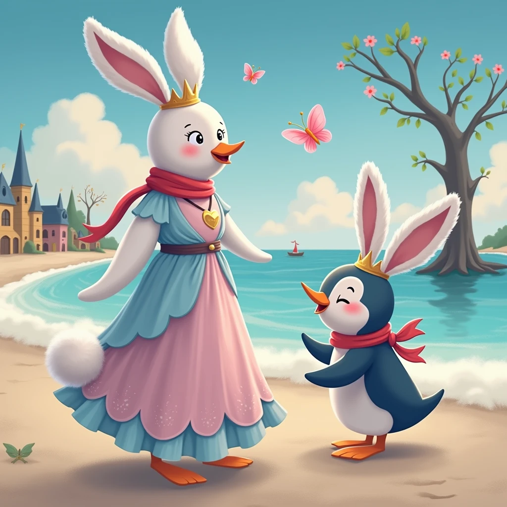 Create illustration of a tall penguin, wearing a red scarf,  having a friendly conversation with the white fluffy tall female animal bunny in a gown in soft shades of pink and blue with a delicate crown. The bunny princess looks excited and interested, her ears perked up as she engages with the penguin. The setting is a cozy, magical village with warm, inviting lighting that highlights the bond between the two characters. Fairytale atmosphere. Vector illustration. Add 2 butterflies in the background