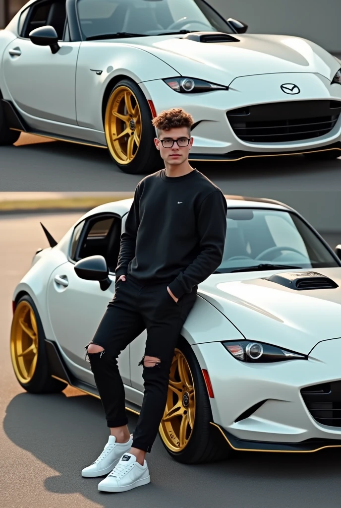Realistic HD photo from different angles of a satin white Mazda MX5 with gold rims and yellow calipers and a spoiler, Sporty diffuser and side skirts in carbon fiber, and leaning on him a young man with square glasses and short curly hair with a taper fade cut and a black Nike sweatshirt, Black ripped pants and white Nike blazer, and that the Mazda comes out completely