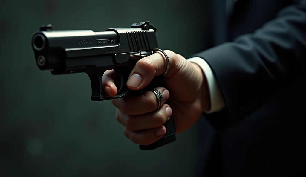 a male hand with ring on the smallest finger holding a gun