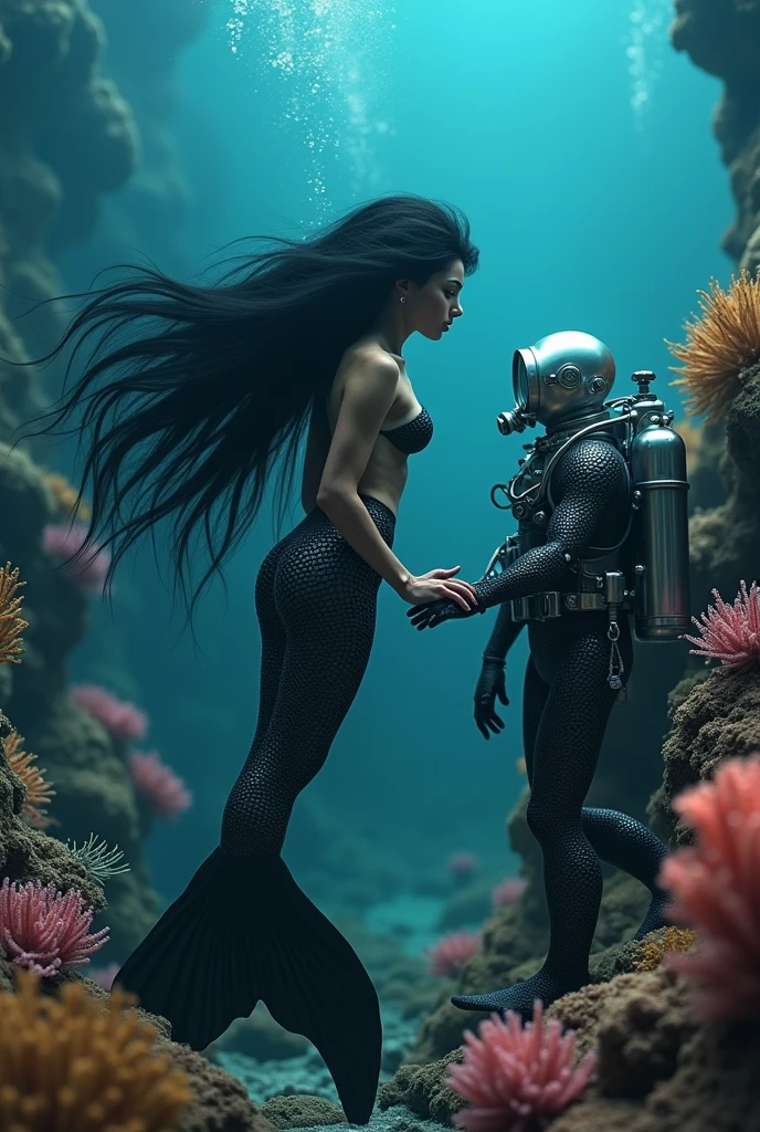 black haired mermaid touching a diving suit, corals in the background, ocean, haze, dramatic lighting , cinematic lighting, best qualityer, hyper realist, highy detailed