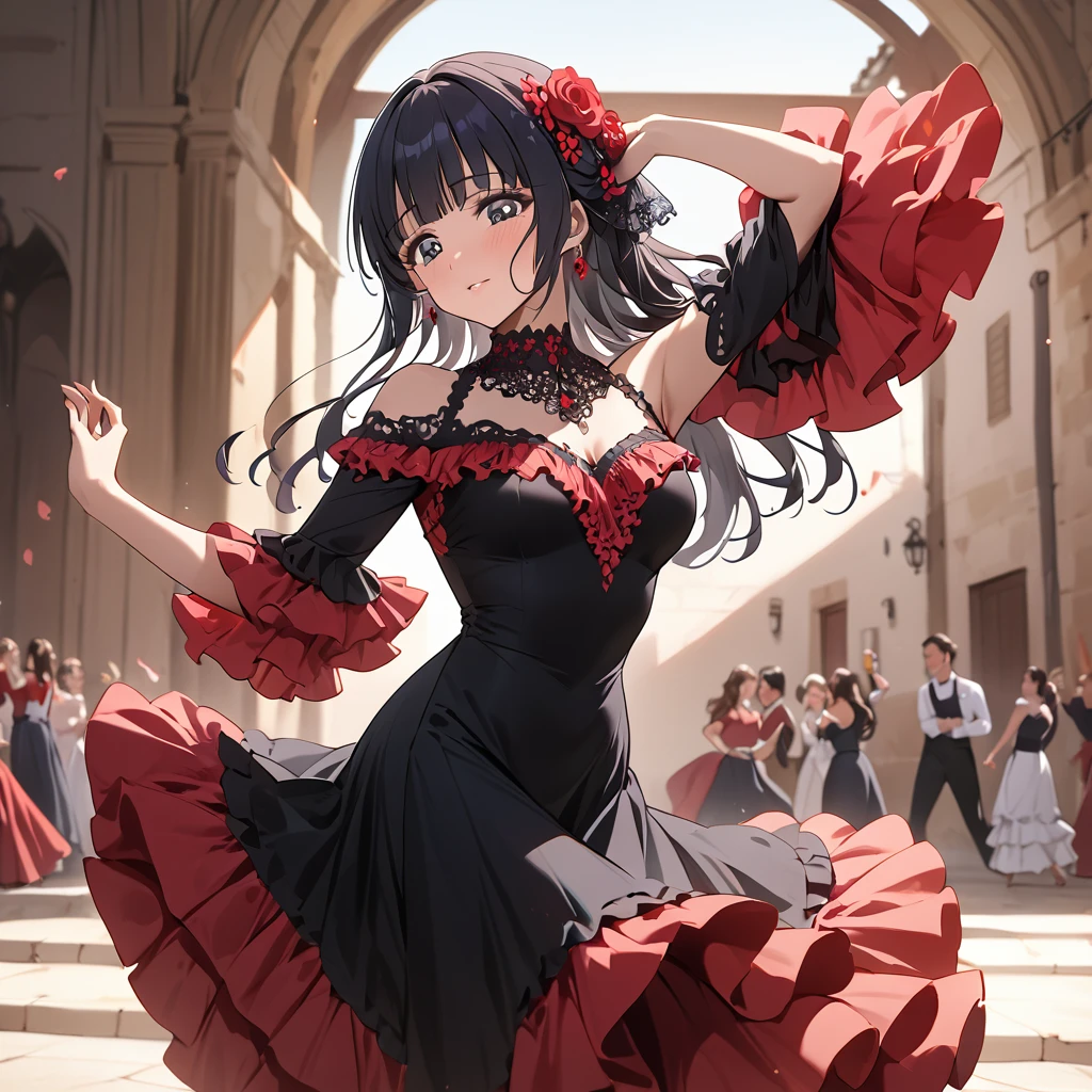 ((Highest quality)), ((masterpiece)), (detailed), (Perfect Face)、The woman is Reika Aoki with semi-long hair、Woman dancing flamenco passionately in flamenco dress in Spain