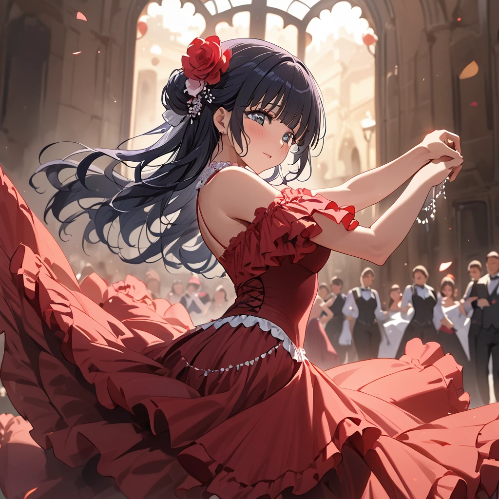((Highest quality)), ((masterpiece)), (detailed), (Perfect Face)、The woman is Reika Aoki with semi-long hair、Woman dancing flamenco passionately in flamenco dress in Spain