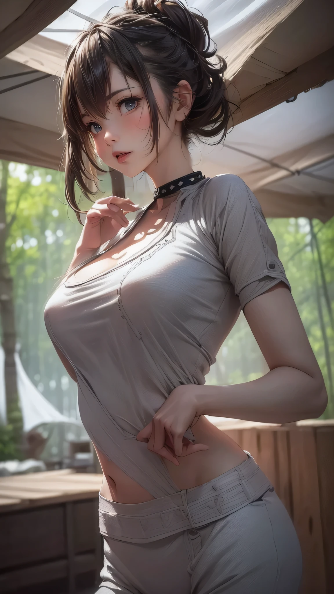 girl camping,(Thin type:1.8),(big breasts),(random hairstyle),(Highest image quality,(8k),ultra-realistic,best quality, high quality, high definition, high quality texture,high detail,beautiful detailed,fine detailed,extremely detailed cg,detailed texture,a realistic representation of the face,masterpiece,Sense of presence)