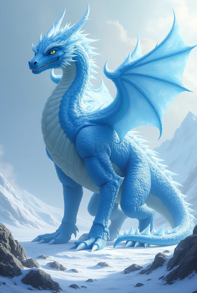 2. **Dragão de Gelo**:
- "A towering ice dragon with crystalline blue scales, icy spikes along its back, and frost-covered wings. The dragon is in a frozen tundra, surrounded by snow-covered mountains and glaciers. Its breath emits a chilling mist, and the ground around it is encased in ice. The sky is a pale, cold blue, adding to the frigid environment."