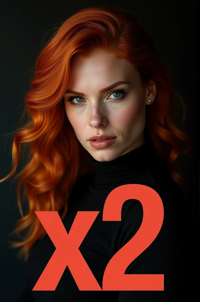 Same badass redhead model with writing in the foreground "x2"