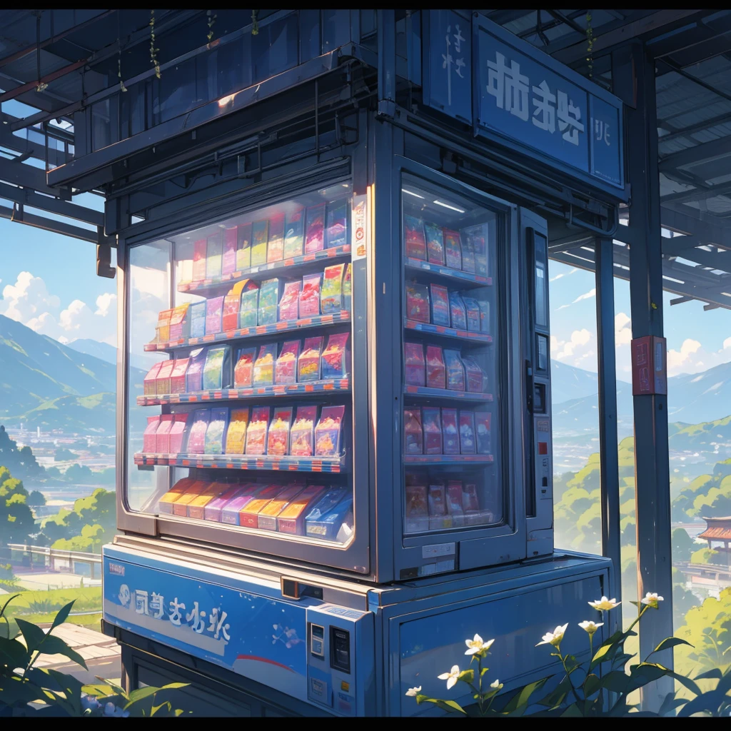 A scenic view in a rural area with mountains in the background and a clear sky, a vending machine with Japanese text, lush greenery, and blooming flowers.
