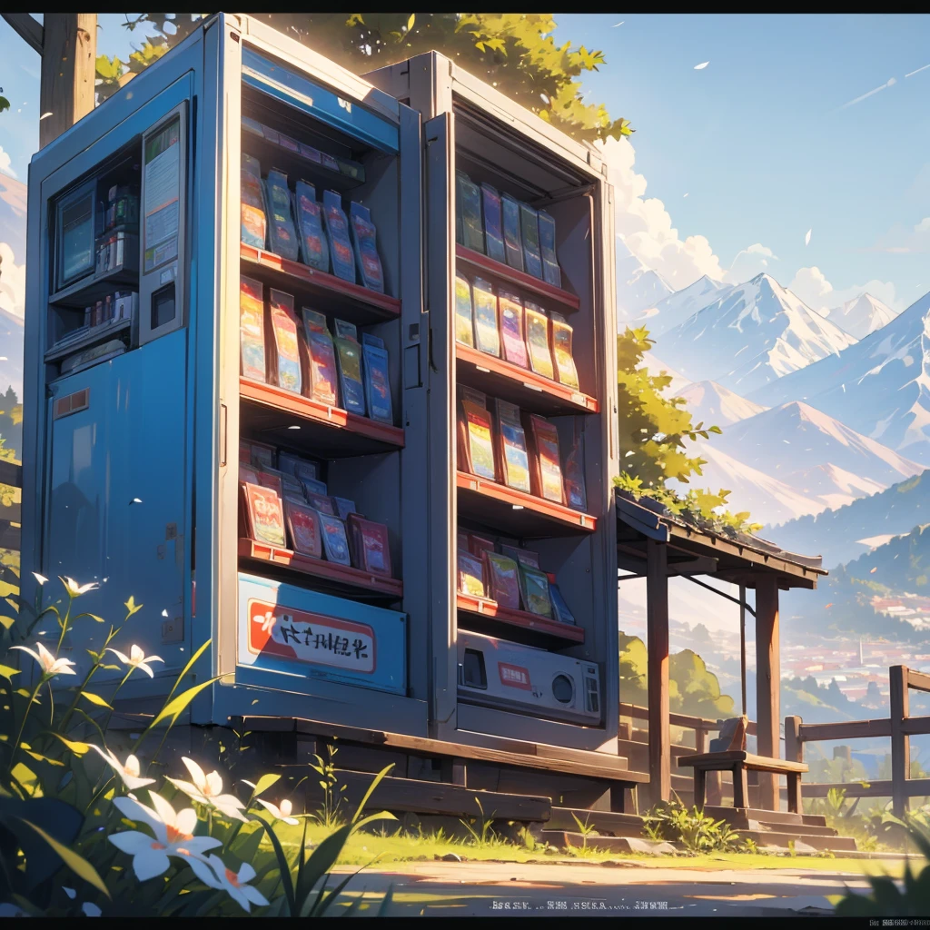 A scenic view in a rural area with mountains in the background and a clear sky, a vending machine with Japanese text, lush greenery, and blooming flowers.