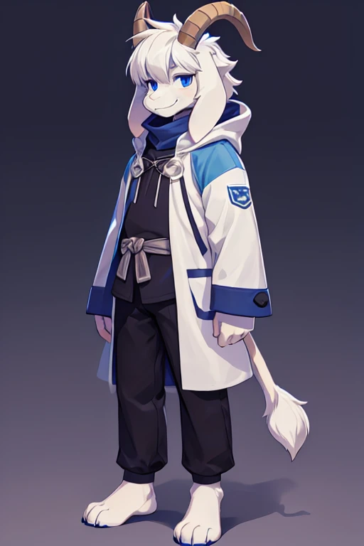 a man, alone Asriel, Undertale (Asriel Dreemurr), smile, eskimo coat(blue coat), tall, hairy, anthropomorphic, blue eyes(black blouse, black pants), goat paw, paw with pastern(short tail, tail anthropomorphic, short tail, bushy tail, antrum goat tail, hairy), hair (bangs on the right side), barefoot, short horns. ((Detailed, tail detail, short tail, face detail, better quality))