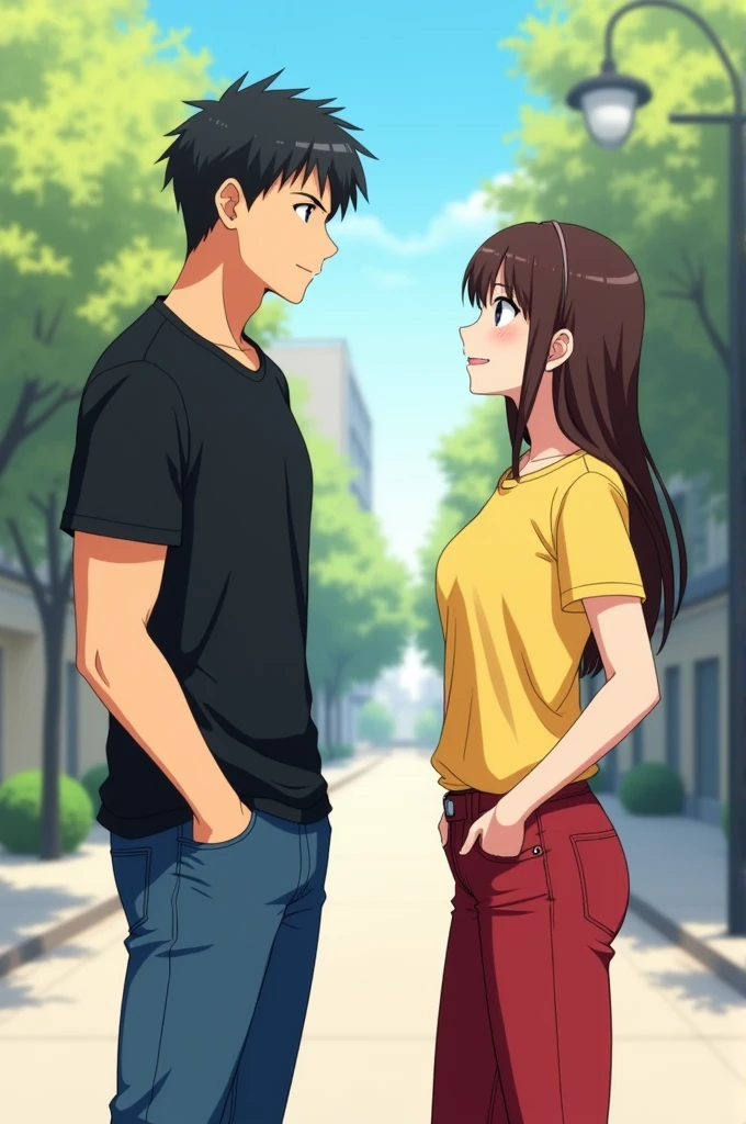 A man talking to a woman, the man is wearing a black t-shirt and a blue jeans pants, the woman is wearing a yellow t-shirt and a red jeans pants, the vibe is cool, they are friendly, they aren't close and they aren't touching each other, daylight scene, Anime style, realistic wide portrait, no background 