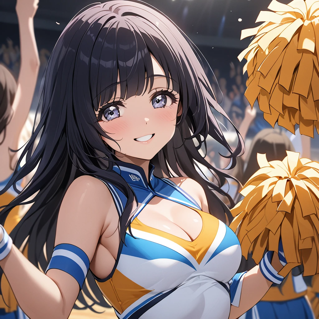 ((Highest quality)), ((masterpiece)), (detailed), (Perfect Face)、The woman is Reika Aoki with semi-long hair、The woman is wearing a sexy and attractive cheerleading costume and dancing the cheerleading with a smile.