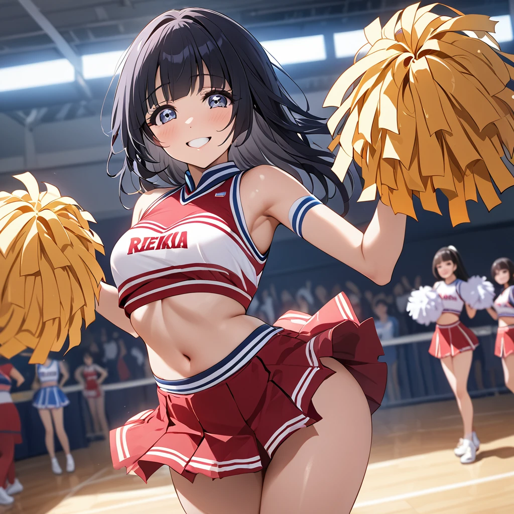 ((Highest quality)), ((masterpiece)), (detailed), （Perfect Face）、The woman is Reika Aoki with semi-long hair、The woman is wearing a sexy and attractive cheerleading costume and dancing the cheerleading with a smile.