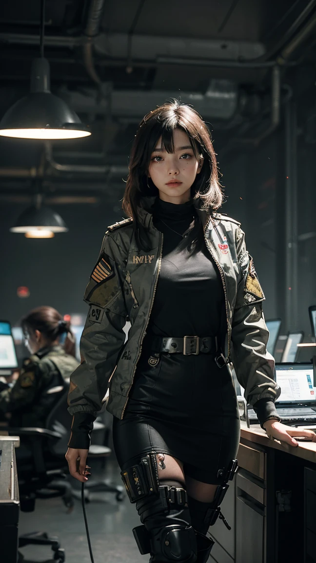 Female Intelligence Officer in military service uniform walking in command and control center, Futuristic cyberpunk theme