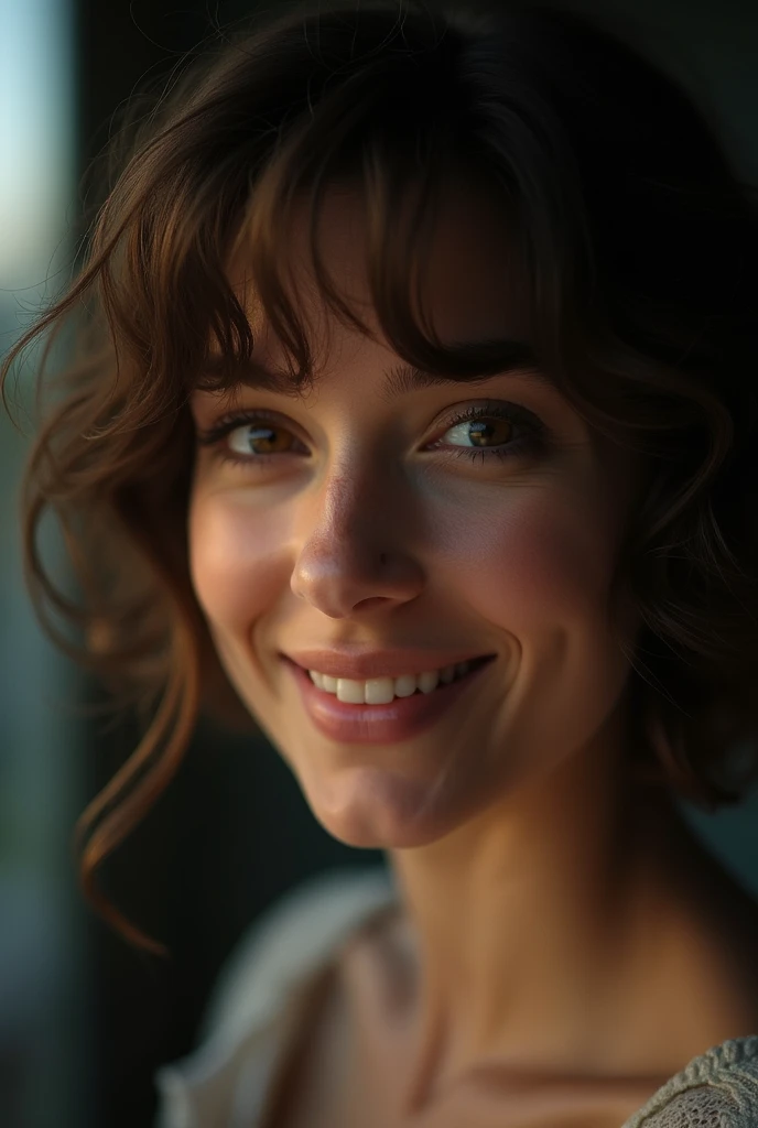 nuit, photographie originale, (((Très beau portrait))), (Très beau portrait))), 1 fille, fille sexy 2, ((Short natural brown hair)), [Brown eyes],Regarder la caméra avec un doux sourire(Low-cut), ((head of&#39;artwork, best quality, ultra detailed, Cinema lighting, intricate details, HD, 8k, very detailed)), detailed context, 8K  UHD, digital reflex camera, soft lighting, high quality, grain de film, FUJIXT3, shallow depth of field, natural light, visage parfait