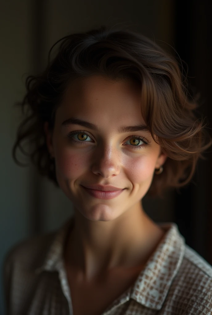 nuit, photographie originale, (((Très beau portrait))), (Très beau portrait))), 1 fille, fille sexy 2, ((Short natural brown hair)), [Brown eyes],Regarder la caméra avec un doux sourire(Low-cut), ((head of&#39;artwork, best quality, ultra detailed, Cinema lighting, intricate details, HD, 8k, very detailed)), detailed context, 8K  UHD, digital reflex camera, soft lighting, high quality, grain de film, FUJIXT3, shallow depth of field, natural light, visage parfait