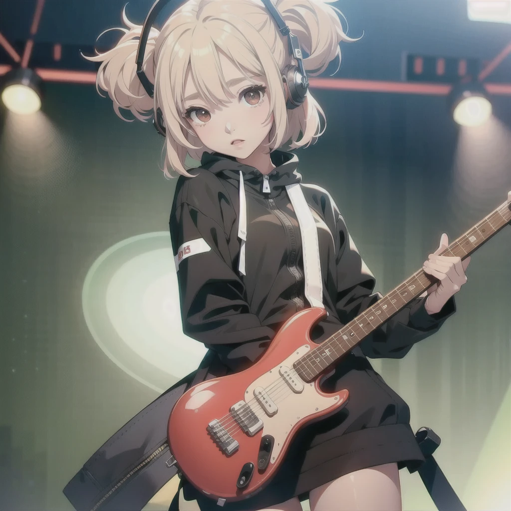 One Girl, play_electronic_guitar, full_body, Bobcut, Wear headphones, Take to the stage, masterpiece, Highest quality, Realistic, 8k