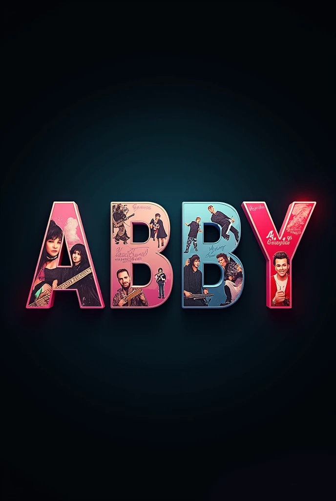 The name ABBY:
-Dentro de la A que haya imágenes de la banda AIRBAG
-Dentro de la primera B que haya imágenes del cantante Billy Idol
-Dentro de la segunda B que haya imágenes de Bruno Mars
-Dentro de la Y que haya imágenes de musica rock de los 80's