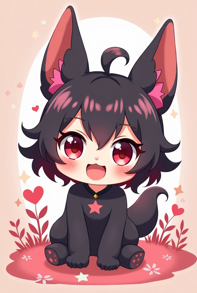 Furry, Furry Cat,  Furry Art, Slim, Short, Blushing, Black hair, laying in bed, paws, pawpads, black baggy shirt, black shorts,  White Boy, in Love, Tail, Drawn Hearts, 