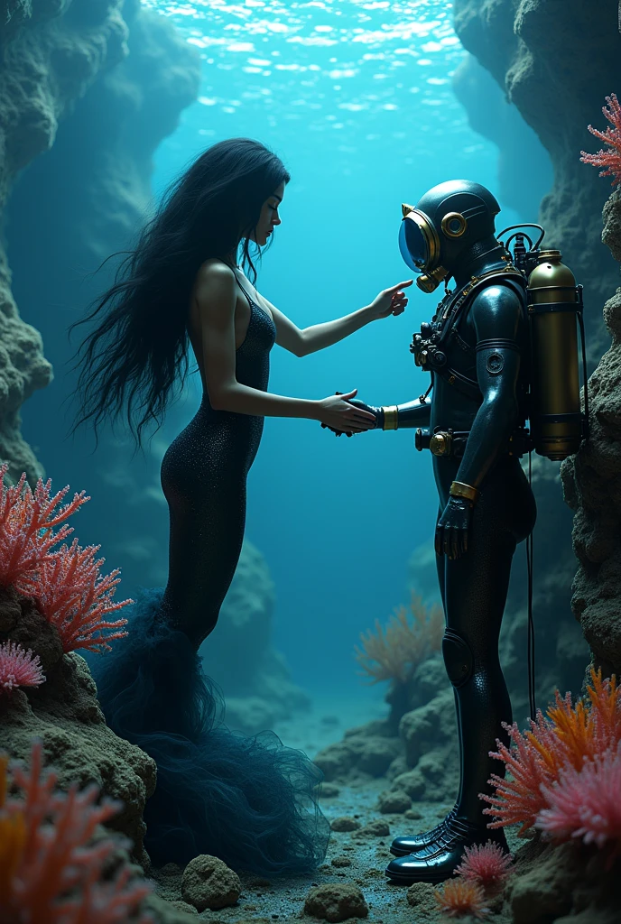 black haired mermaid touching a diving suit, corals in the background, ocean, haze, dramatic lighting , cinematic lighting, best qualityer, hyper realist, highy detailed