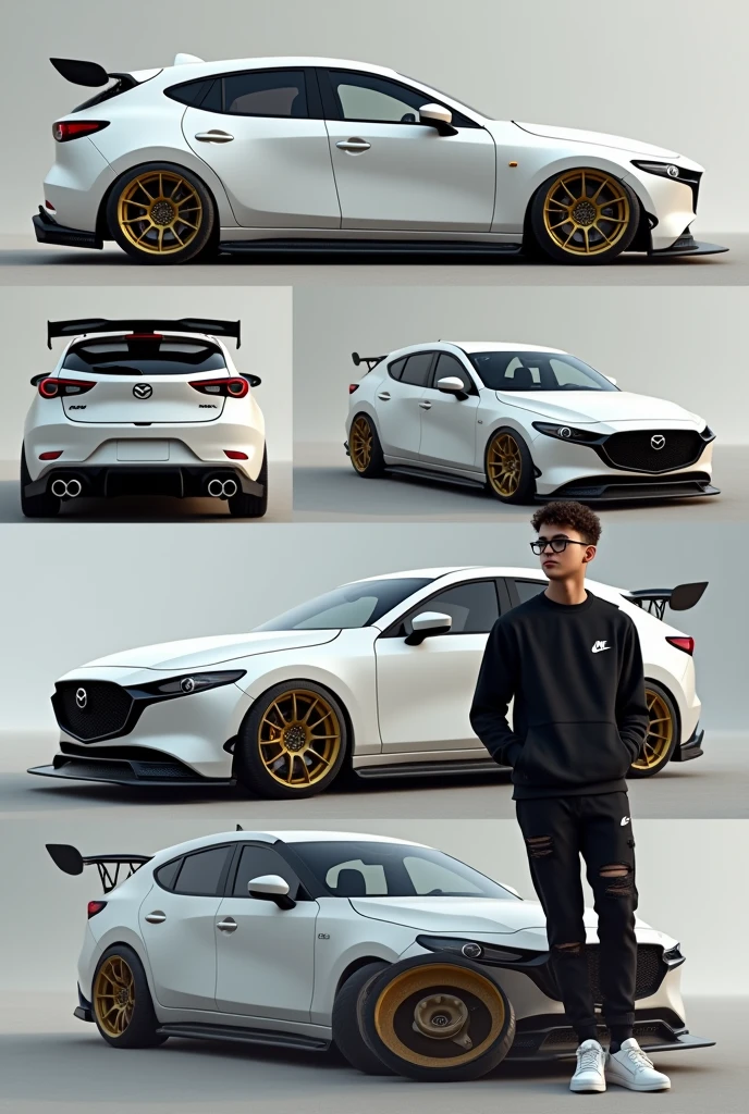Realistic HD photo from different angles of a satin white Mazda 3 with gold rims and yellow calipers and a spoiler, Sporty diffuser and side skirts in carbon fiber, and leaning on him a young man with square glasses and short curly hair with a taper fade cut and a black Nike sweatshirt, Black ripped pants and white Nike blazer, and that the Mazda comes out completely