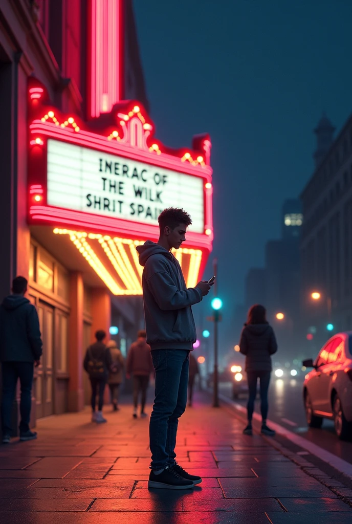 age man waiting outside a movie theater at night