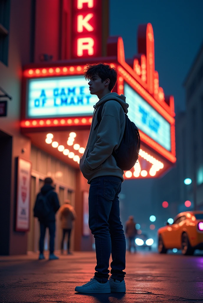 Teenage man waiting outside a movie theater at night