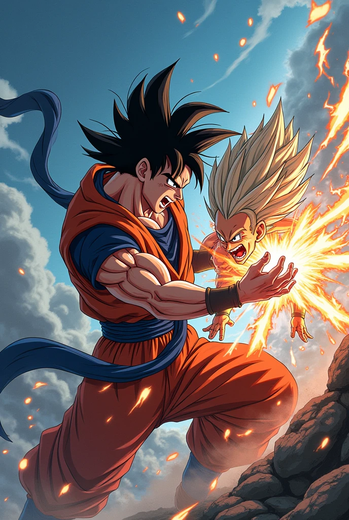 Sukuna getting beaten by Goku anime style 