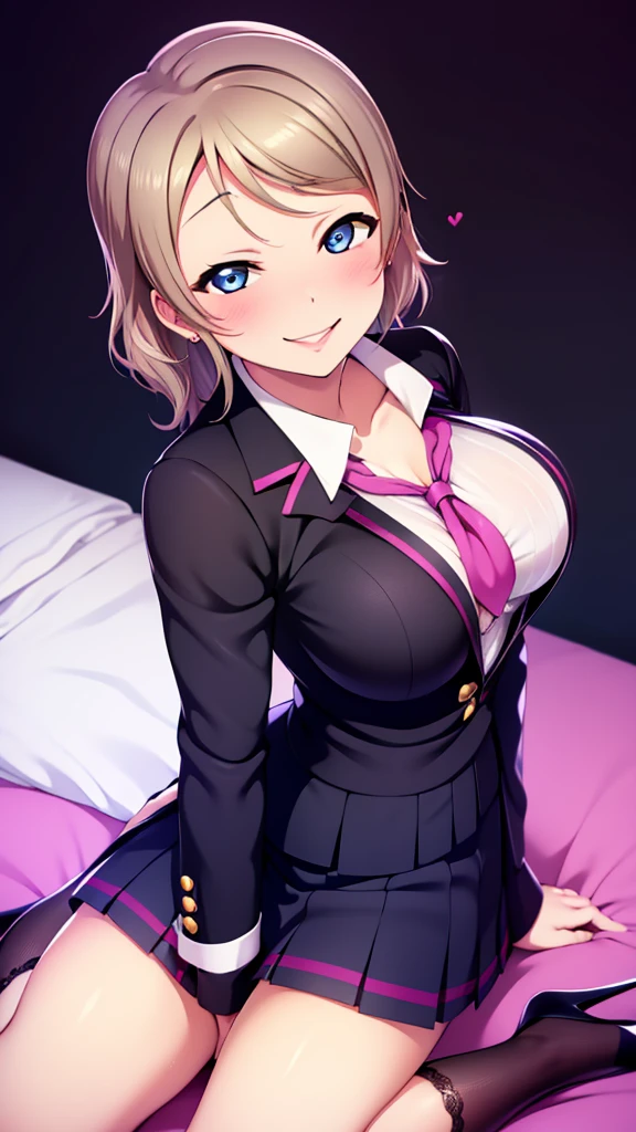 Erotic　Love Live Watanabe You　Mature Wife Big Tits　school uniform　blazer　Dress shirt　Bedroom with hearts on a black background Dark theme Evil depravity Temptation Excitement Condescending smile Sexy pose Emphasis on upper body Looking up　sit　High heels　Amitants