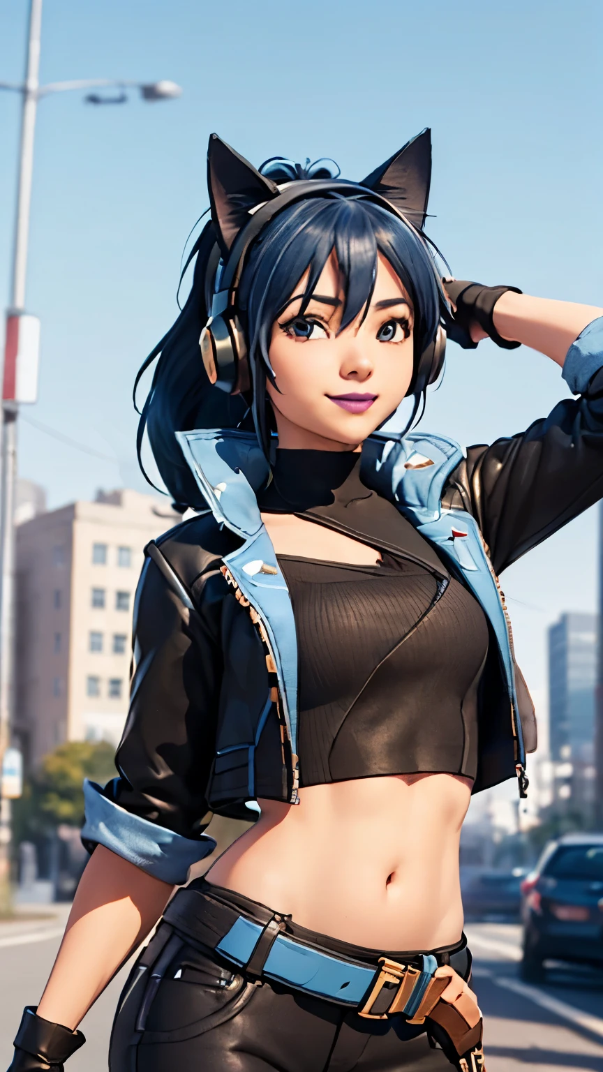 City background, 1girl, solo, HeroicHopeFN, Heroic Hope from fortnite, (crop top, black top, open clothes), (jacket crop top, black jacket, blue loose, jacket loose), fingerless gloves, black pants, blue belt, blue hair, ponytail, blue eyes, headphones, cat ears headphones, holster, holster spray cans, purple lips, lipsticks, smirk, upper body, looking at viewer,