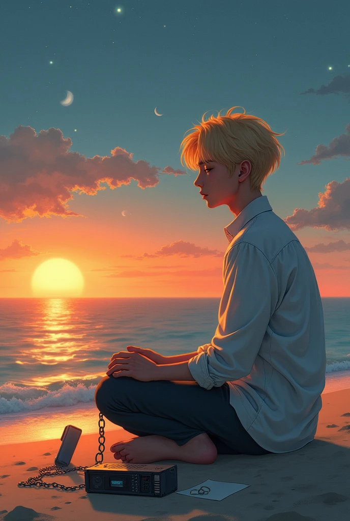 Blond Jimin sitting on a beach in the sand with his knees bent, that his face reflects sadness and peace at the same time as he watches the sun meet the moon in the sky, that there is a voice recorder next to you, and this is on a letter, and in your hands hold a chain with two rings.