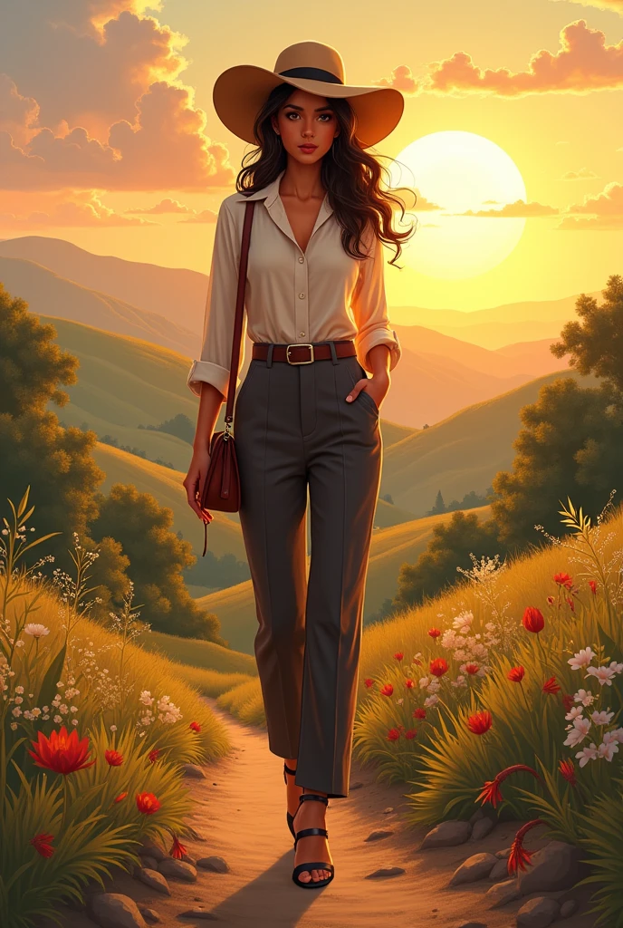 Drawing of a Latino girl with a crossbody bag, with hat, in formal clothes under a radiant sun in the countryside