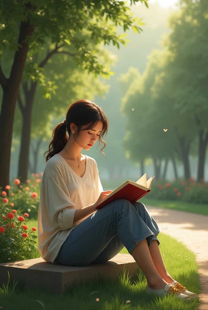 Create a realistic image of a woman sitting in a park, engrossed in reading a book. Depict her seated on a bench or grassy area, with natural light gently illuminating her as she reads. Her posture should be relaxed and comfortable, reflecting a moment of peaceful solitude. The background should include elements of a park, such as trees, flowers, or a pathway, creating a serene and inviting atmosphere. The overall mood should convey tranquility and the joy of losing oneself in a good book.


