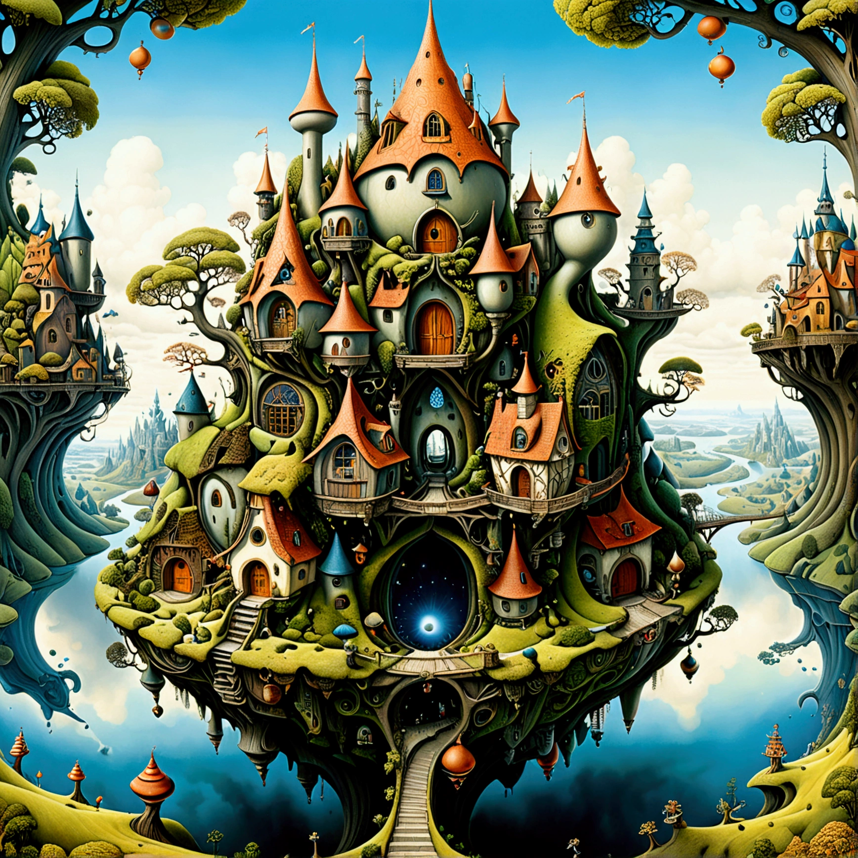 Overview Wide Wonderland fractal realm wonky high Fantasy epic , by Jacek Yerka, Woodroffe, Moebius, Alexander Jansson