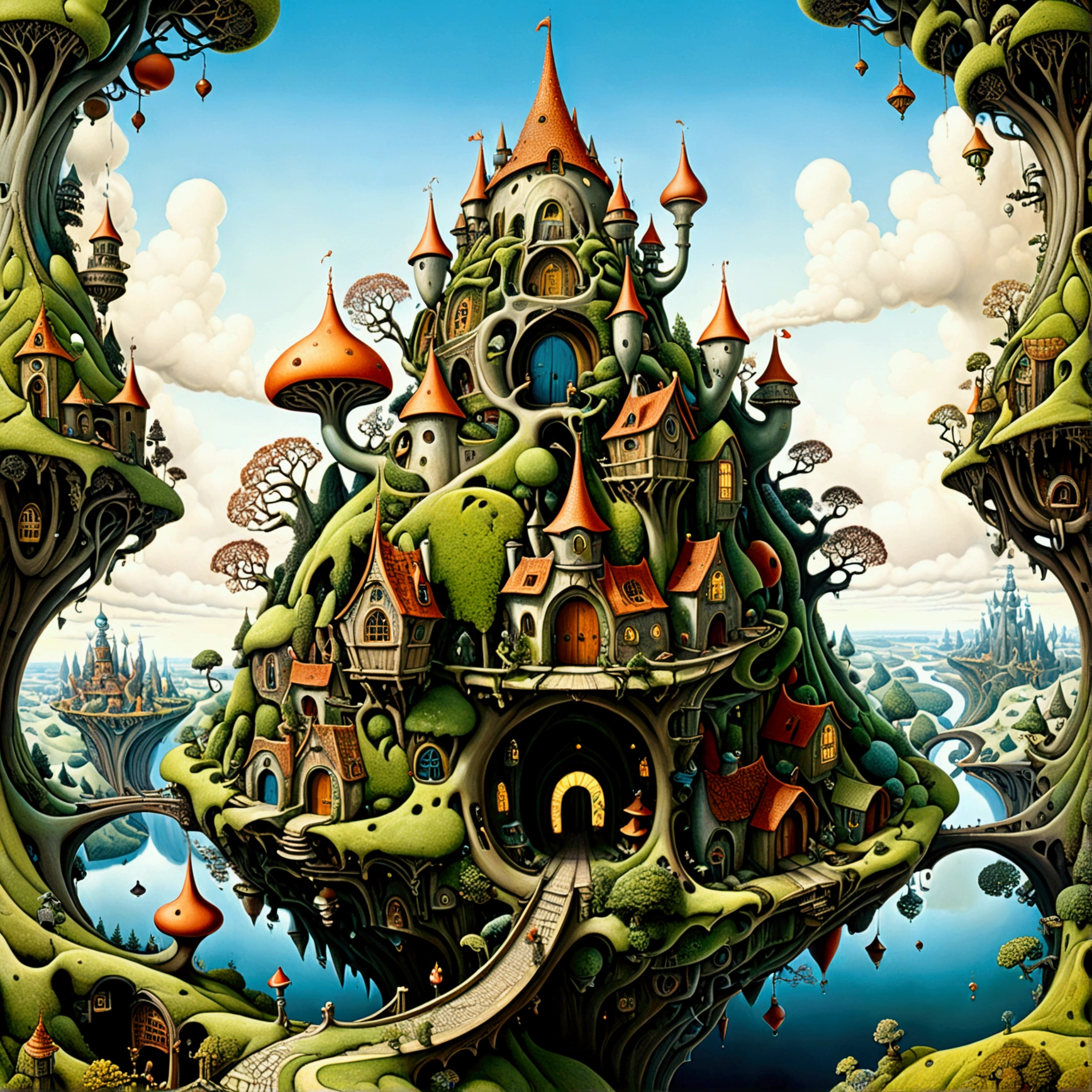 Overview  Wide Wonderland fractal realm wonky high Fantasy epic , by Jacek Yerka, Woodroffe, Moebius, Alexander Jansson