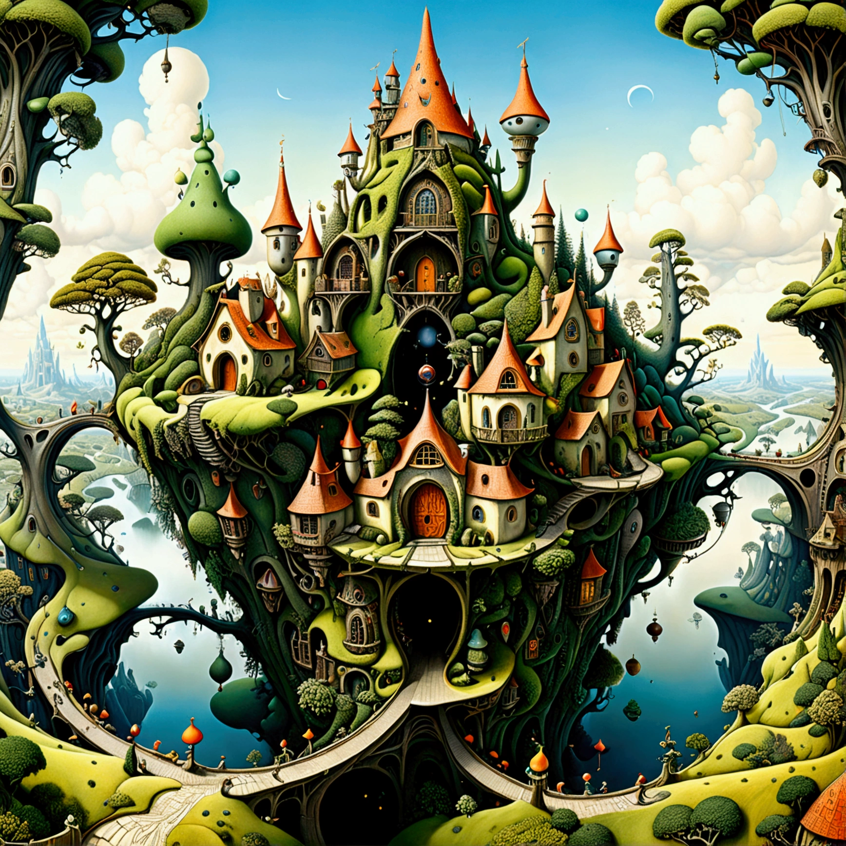 Overview Wide Wonderland fractal realm wonky high Fantasy epic , by Jacek Yerka, Woodroffe, Moebius, Alexander Jansson